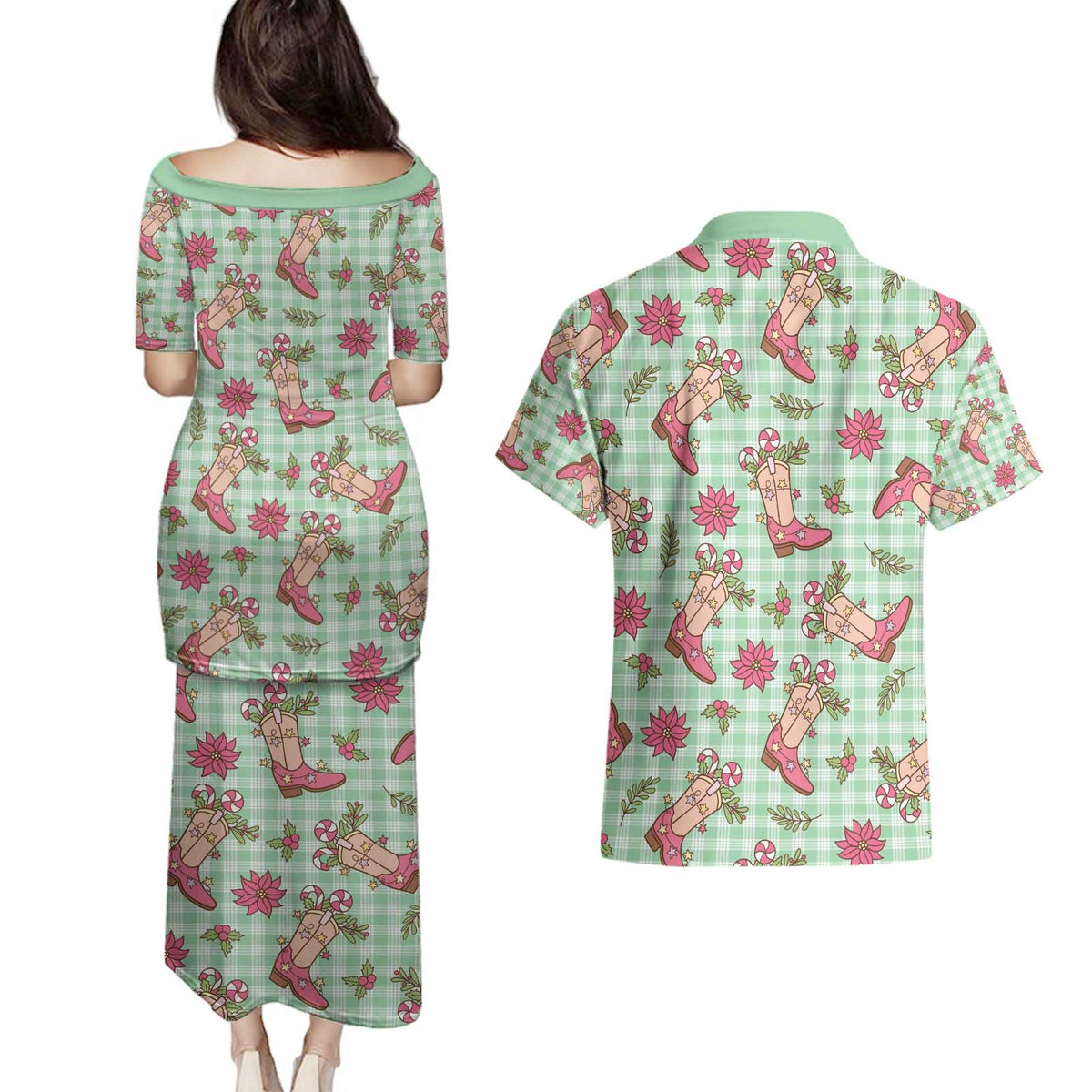 Green Paniolo Palaka Hawaiian Cowgirl Christmas Couples Matching Puletasi and Hawaiian Shirt - Polynesian Pride