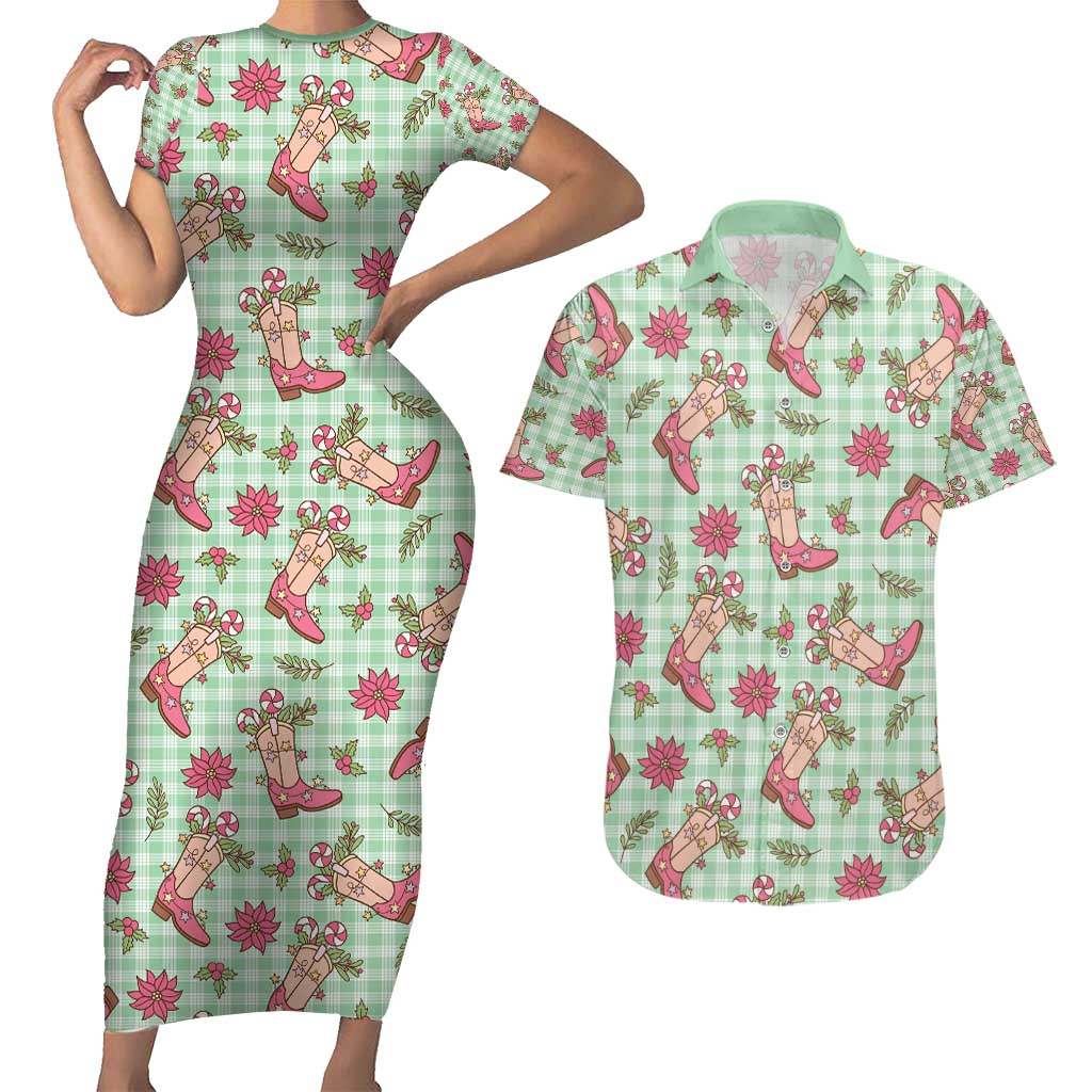 Green Paniolo Palaka Hawaiian Cowgirl Christmas Couples Matching Short Sleeve Bodycon Dress and Hawaiian Shirt - Polynesian Pride