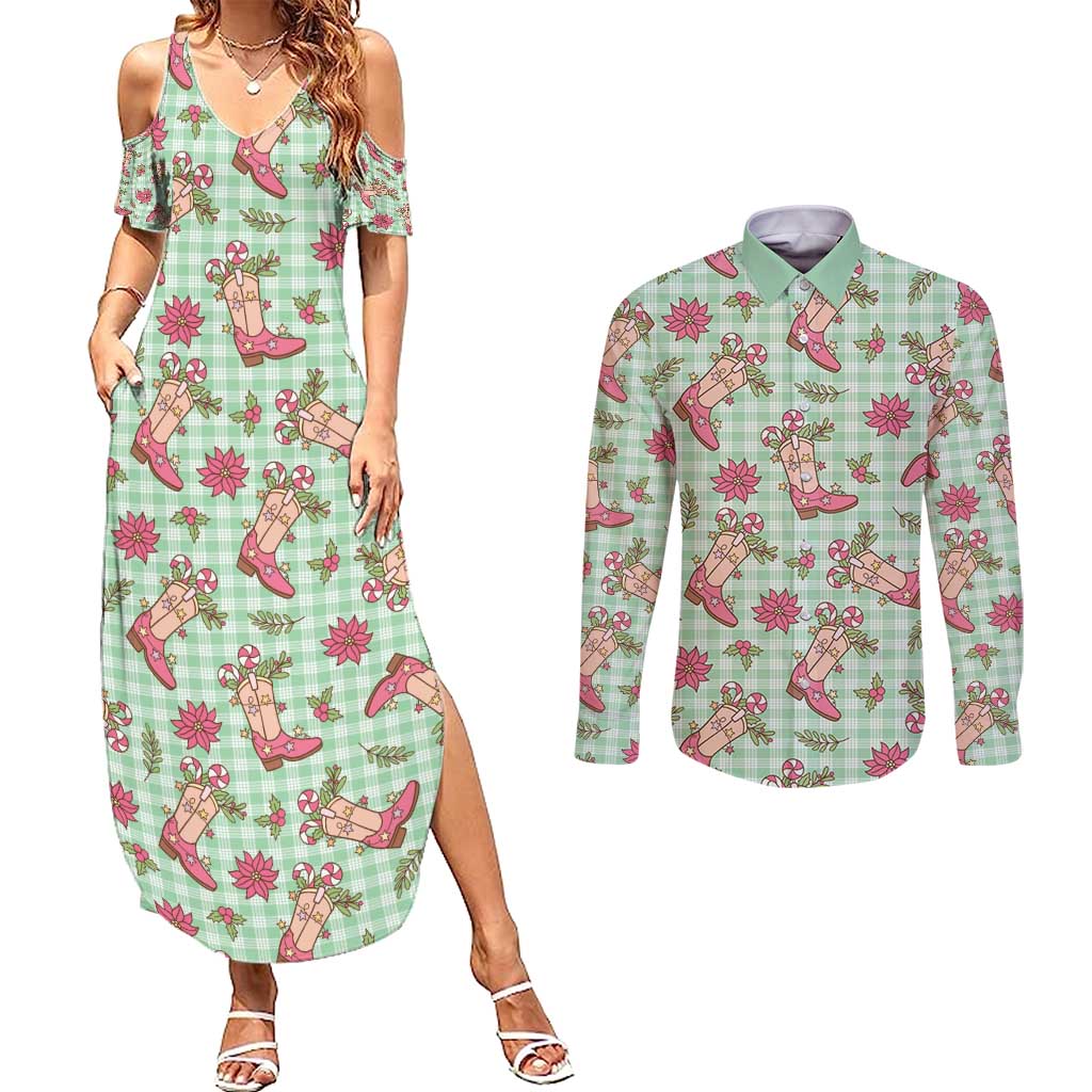 Green Paniolo Palaka Hawaiian Cowgirl Christmas Couples Matching Summer Maxi Dress and Long Sleeve Button Shirt - Polynesian Pride