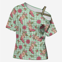 Green Paniolo Palaka Hawaiian Cowgirl Christmas Cross Shoulder Shirt - Polynesian Pride