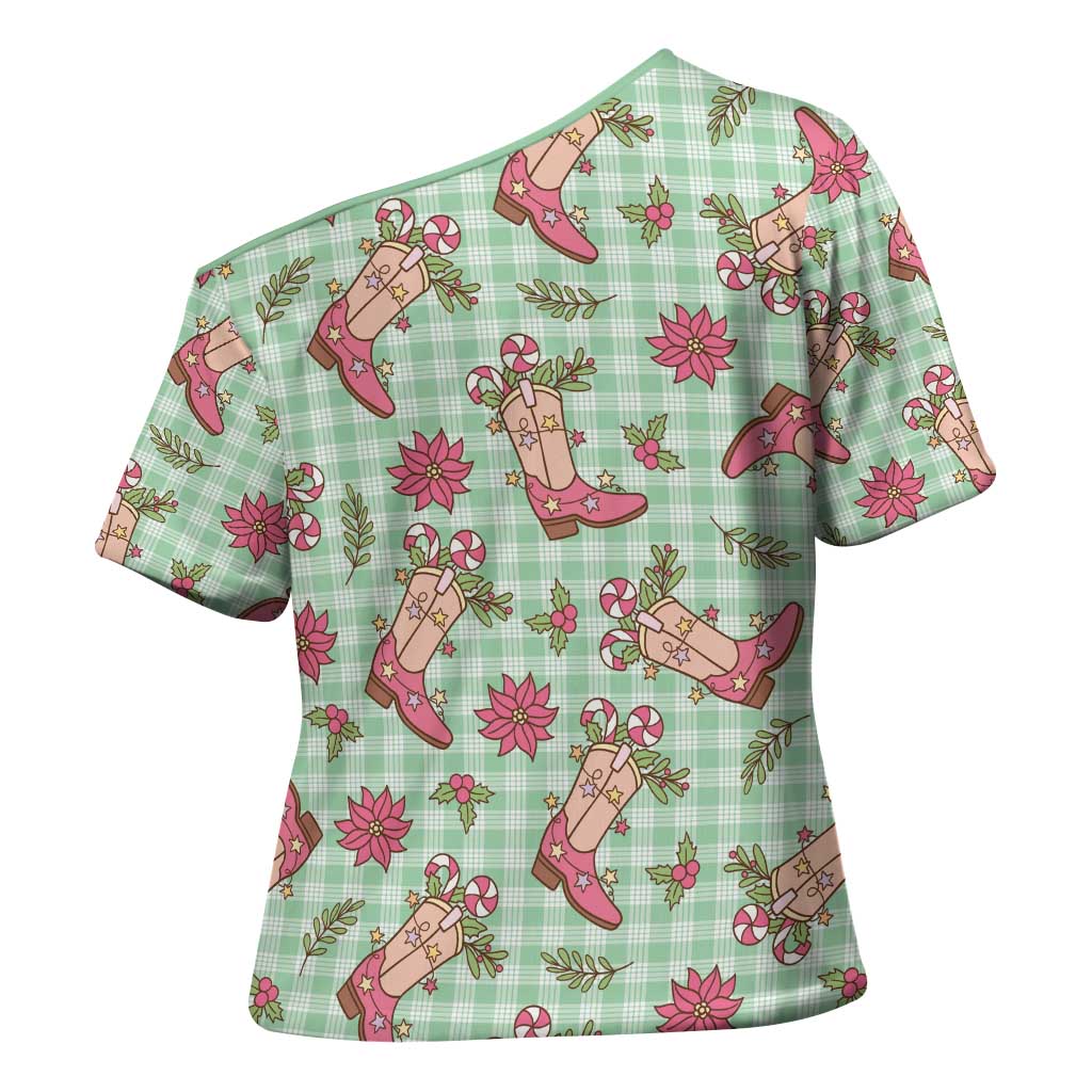 Green Paniolo Palaka Hawaiian Cowgirl Christmas Cross Shoulder Shirt - Polynesian Pride