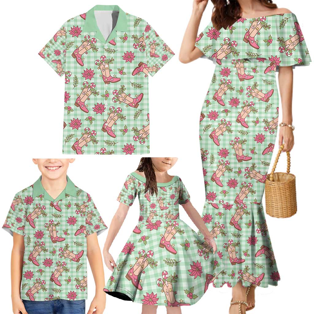 Green Paniolo Palaka Hawaiian Cowgirl Christmas Family Matching Mermaid Dress and Hawaiian Shirt - Polynesian Pride