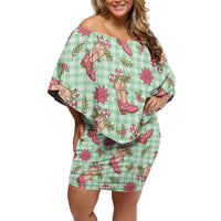 Green Paniolo Palaka Hawaiian Cowgirl Christmas Family Matching Off Shoulder Short Dress and Hawaiian Shirt - Polynesian Pride