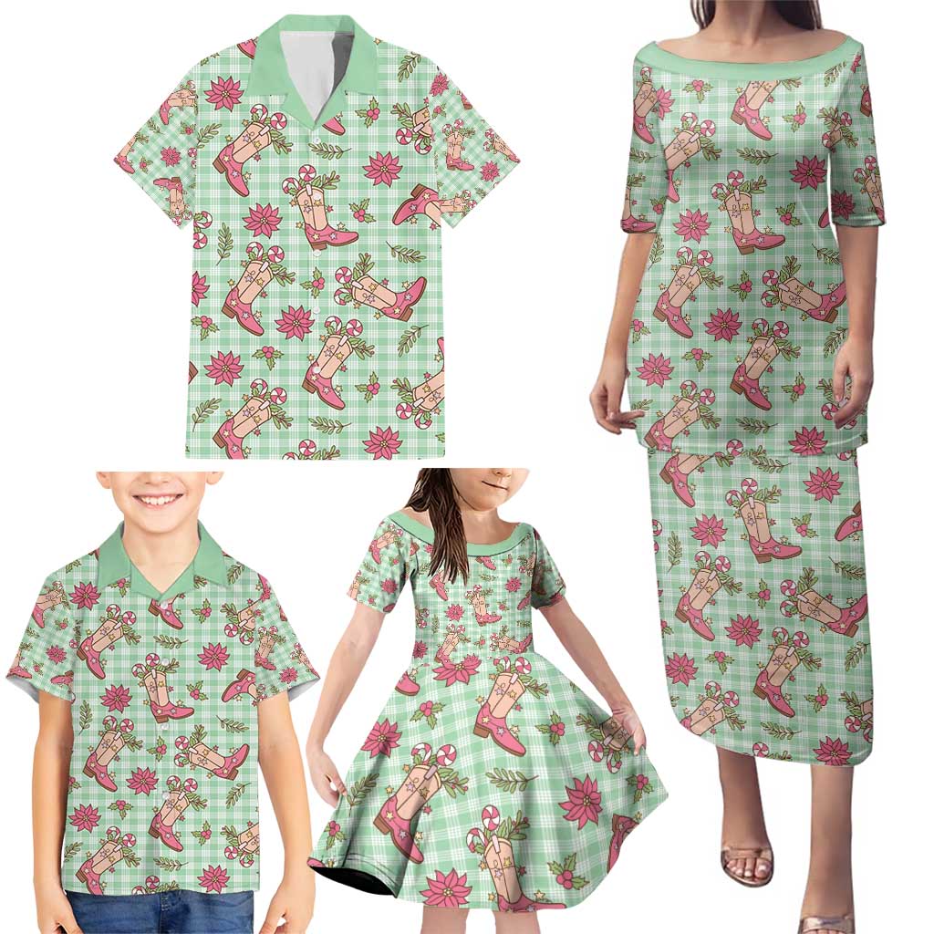 Green Paniolo Palaka Hawaiian Cowgirl Christmas Family Matching Puletasi and Hawaiian Shirt - Polynesian Pride