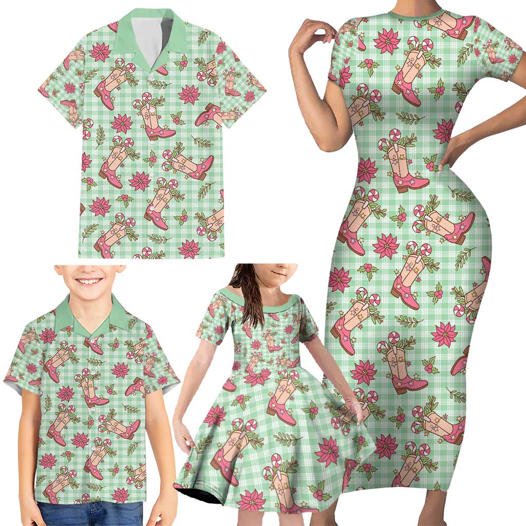 Green Paniolo Palaka Hawaiian Cowgirl Christmas Family Matching Short Sleeve Bodycon Dress and Hawaiian Shirt - Polynesian Pride