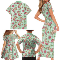 Green Paniolo Palaka Hawaiian Cowgirl Christmas Family Matching Short Sleeve Bodycon Dress and Hawaiian Shirt - Polynesian Pride