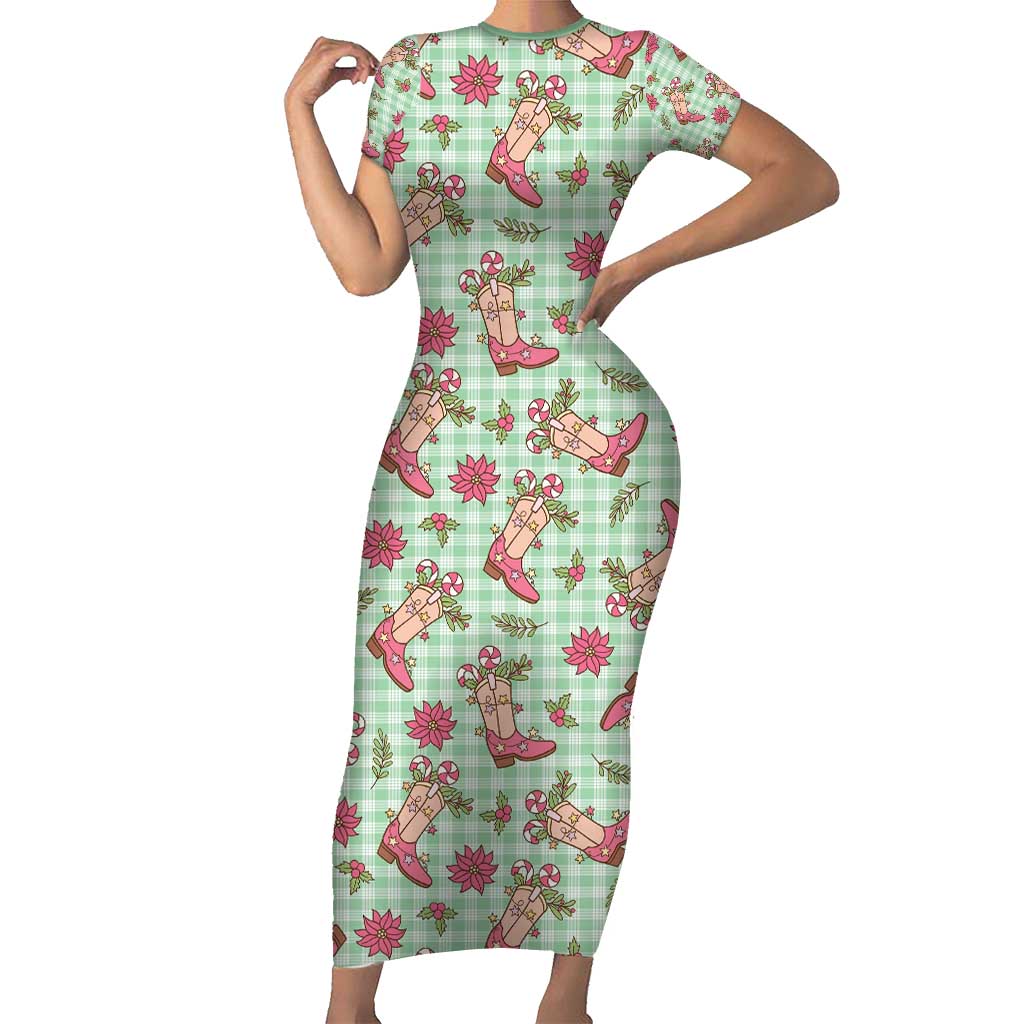 Green Paniolo Palaka Hawaiian Cowgirl Christmas Family Matching Short Sleeve Bodycon Dress and Hawaiian Shirt - Polynesian Pride
