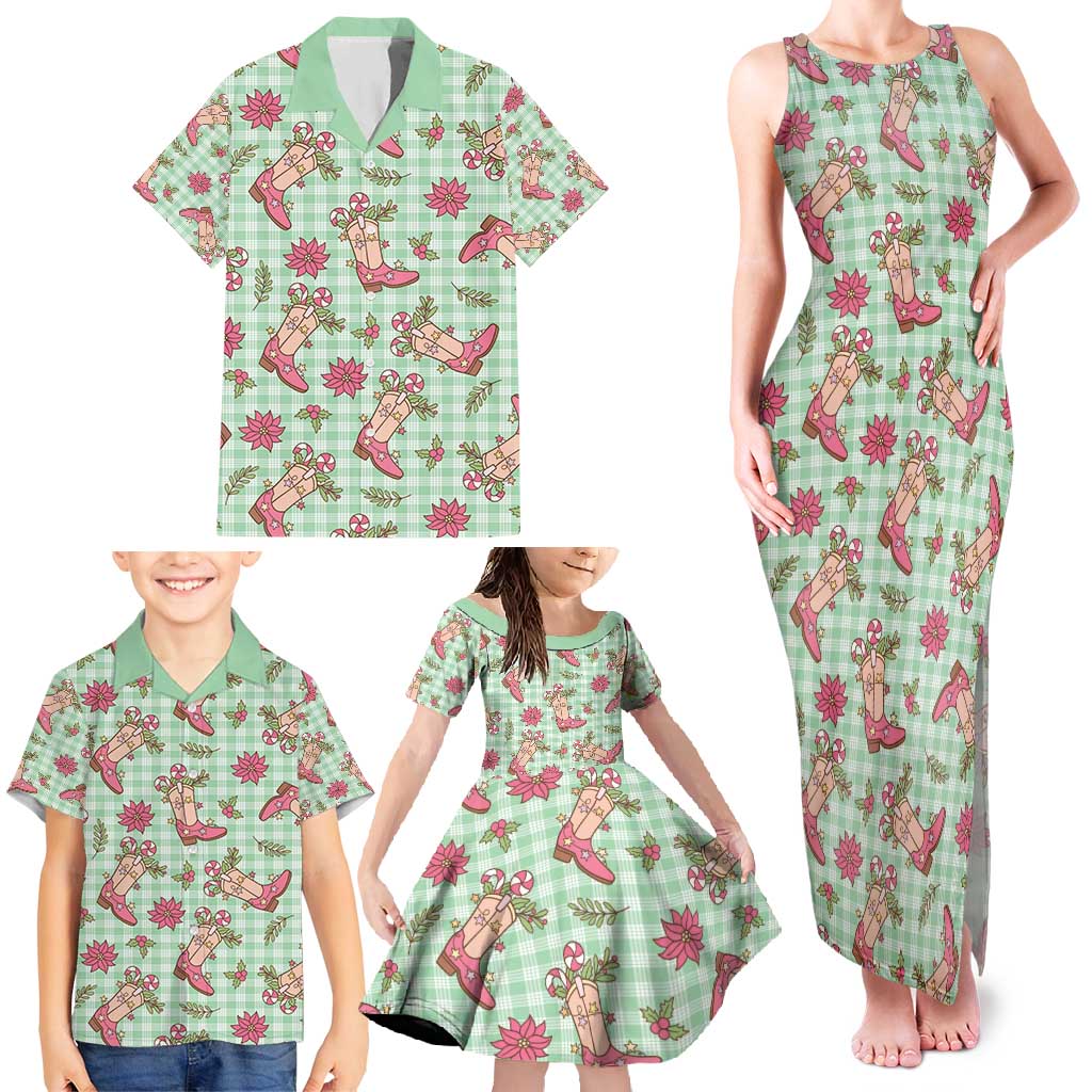 Green Paniolo Palaka Hawaiian Cowgirl Christmas Family Matching Tank Maxi Dress and Hawaiian Shirt - Polynesian Pride