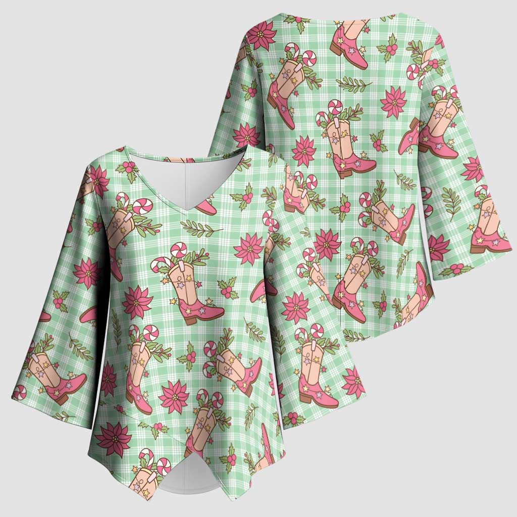 Green Paniolo Palaka Hawaiian Cowgirl Christmas Kimono Sleeve Blouse - Polynesian Pride