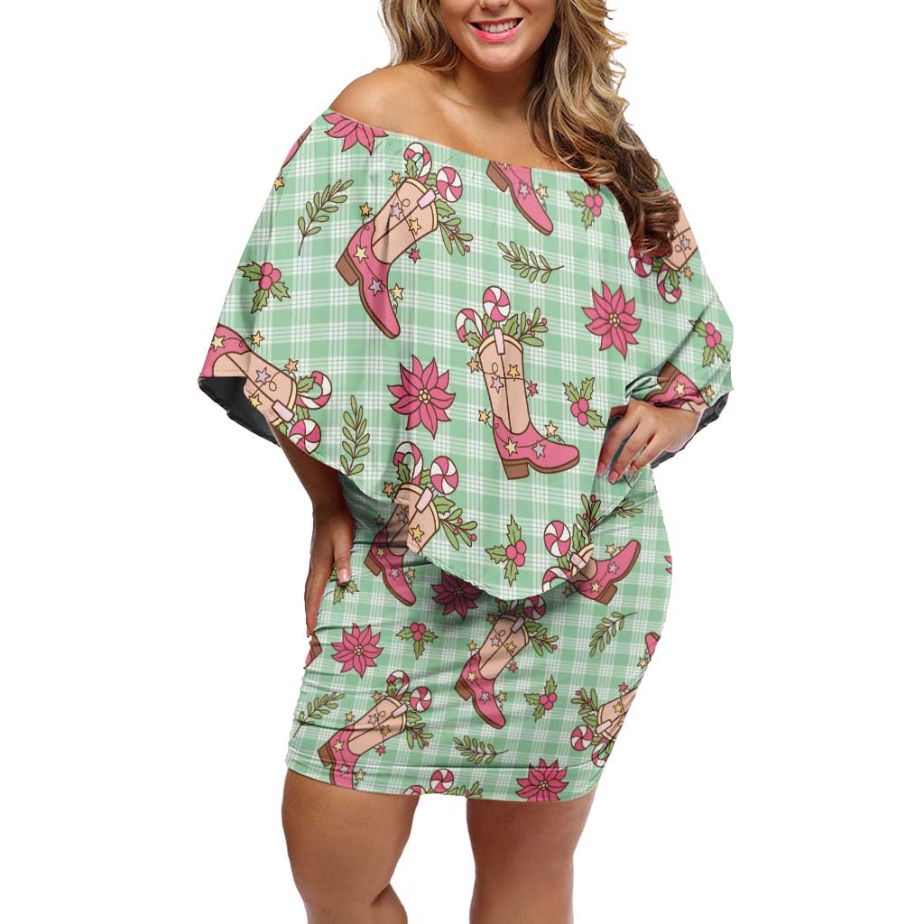 Green Paniolo Palaka Hawaiian Cowgirl Christmas Off Shoulder Short Dress - Polynesian Pride