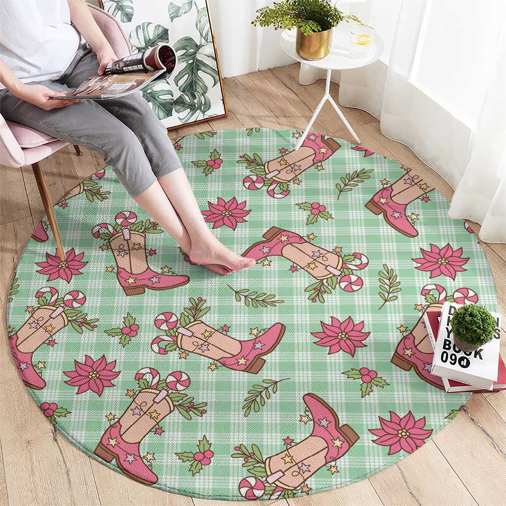Green Paniolo Palaka Hawaiian Cowgirl Christmas Round Carpet - Polynesian Pride