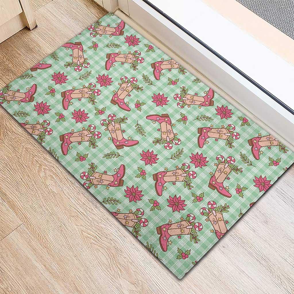 Green Paniolo Palaka Hawaiian Cowgirl Christmas Rubber Doormat - Polynesian Pride
