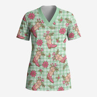 Green Paniolo Palaka Hawaiian Cowgirl Christmas Scrub Top - Polynesian Pride
