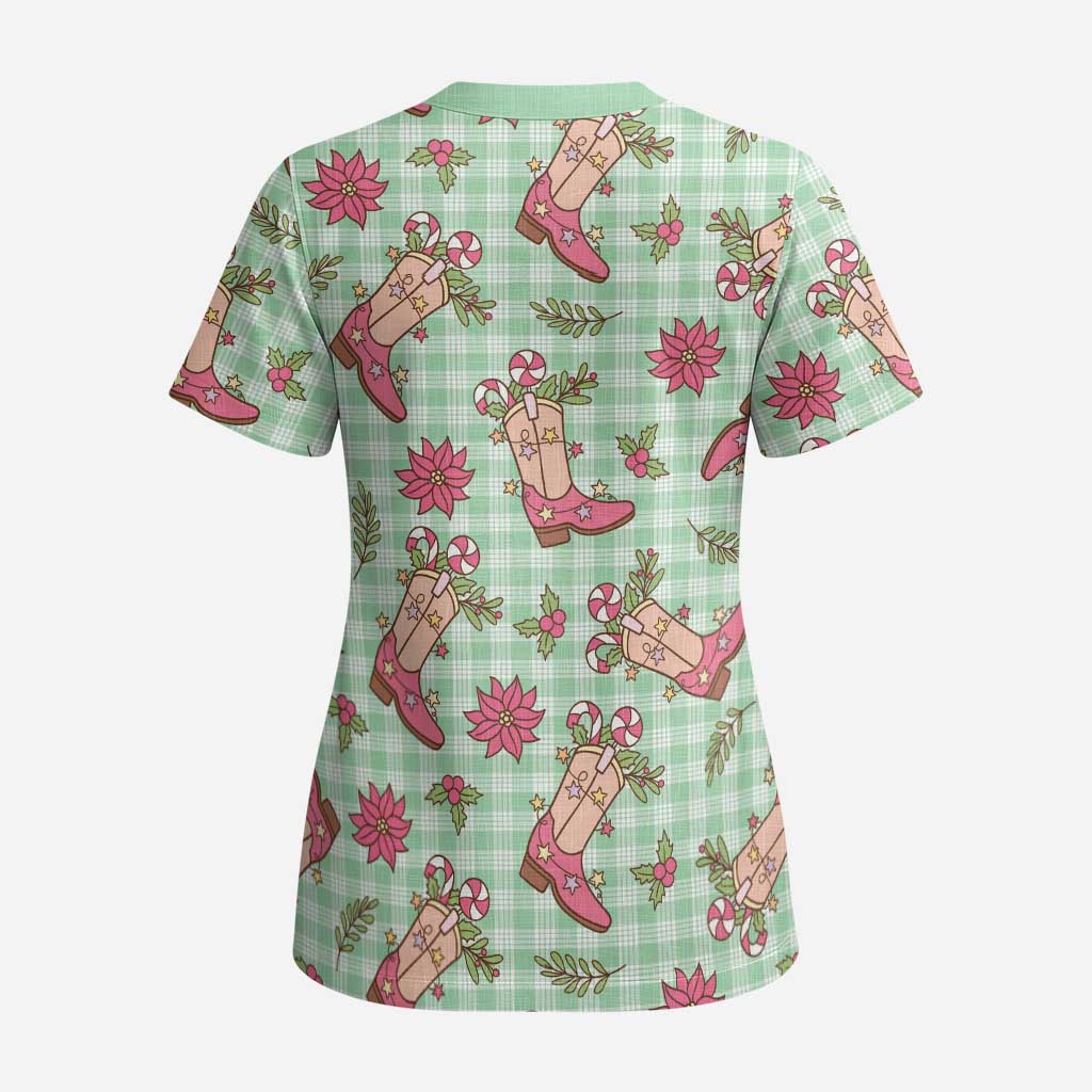 Green Paniolo Palaka Hawaiian Cowgirl Christmas Scrub Top - Polynesian Pride