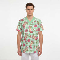 Green Paniolo Palaka Hawaiian Cowgirl Christmas Scrub Top - Polynesian Pride