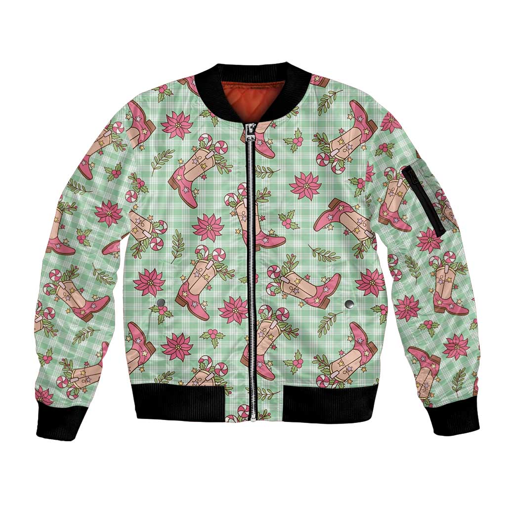 Green Paniolo Palaka Hawaiian Cowgirl Christmas Sleeve Zip Bomber Jacket - Polynesian Pride