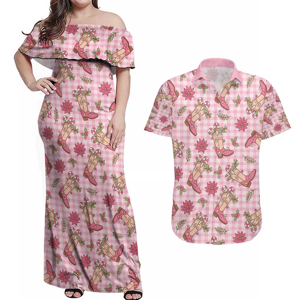 Pink Paniolo Palaka Hawaiian Cowgirl Christmas Couples Matching Off Shoulder Maxi Dress and Hawaiian Shirt - Polynesian Pride