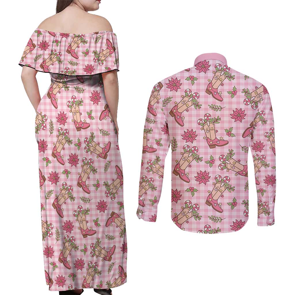 Pink Paniolo Palaka Hawaiian Cowgirl Christmas Couples Matching Off Shoulder Maxi Dress and Long Sleeve Button Shirt - Polynesian Pride