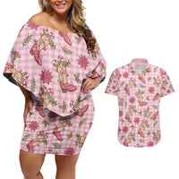 Pink Paniolo Palaka Hawaiian Cowgirl Christmas Couples Matching Off Shoulder Short Dress and Hawaiian Shirt - Polynesian Pride