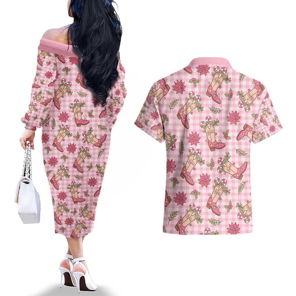 Pink Paniolo Palaka Hawaiian Cowgirl Christmas Couples Matching Off The Shoulder Long Sleeve Dress and Hawaiian Shirt - Polynesian Pride