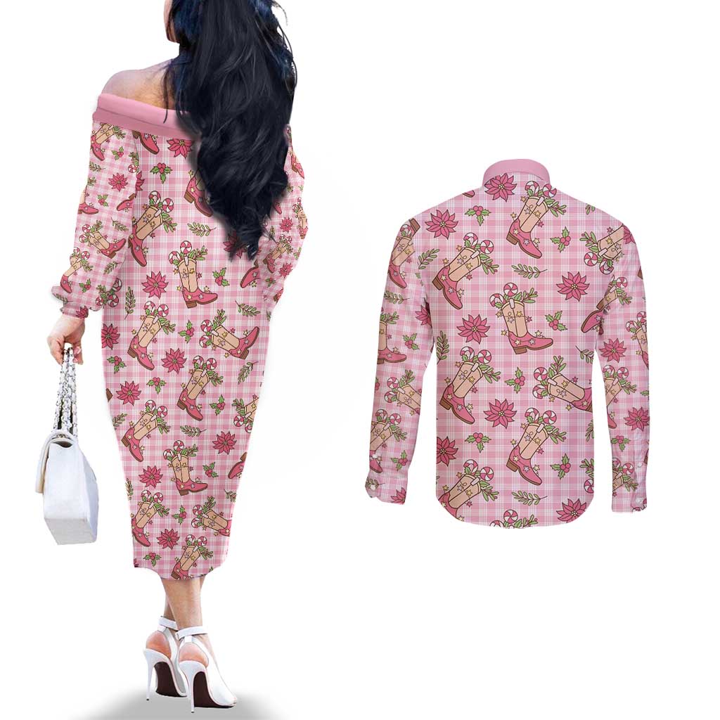 Pink Paniolo Palaka Hawaiian Cowgirl Christmas Couples Matching Off The Shoulder Long Sleeve Dress and Long Sleeve Button Shirt - Polynesian Pride