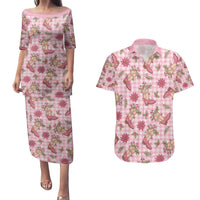 Pink Paniolo Palaka Hawaiian Cowgirl Christmas Couples Matching Puletasi and Hawaiian Shirt - Polynesian Pride