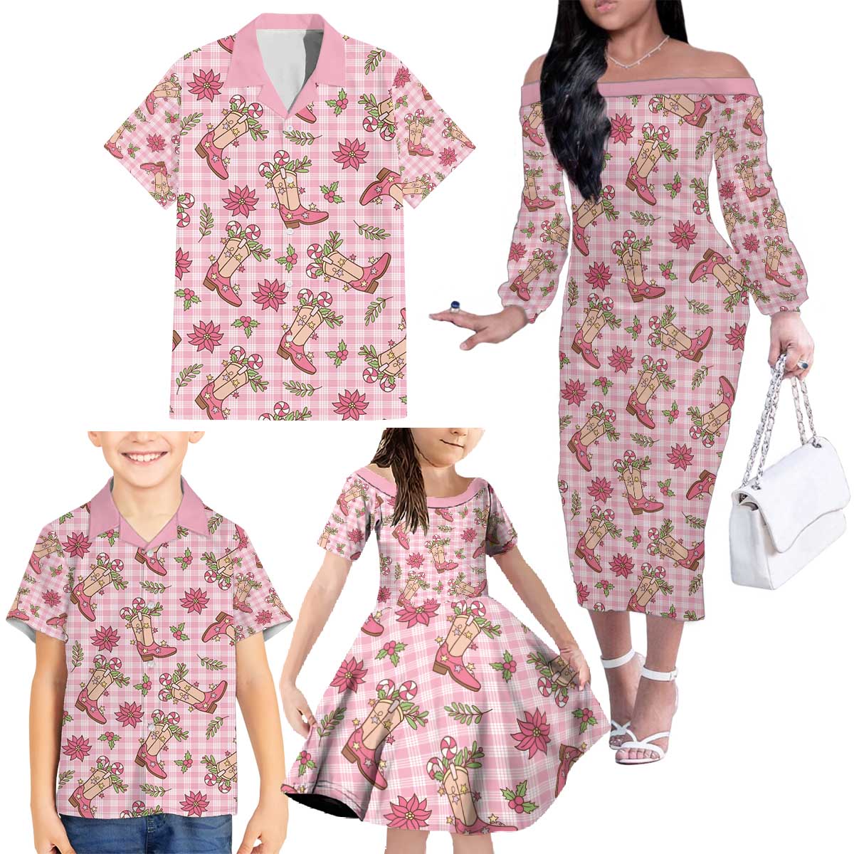 Pink Paniolo Palaka Hawaiian Cowgirl Christmas Family Matching Off The Shoulder Long Sleeve Dress and Hawaiian Shirt - Polynesian Pride