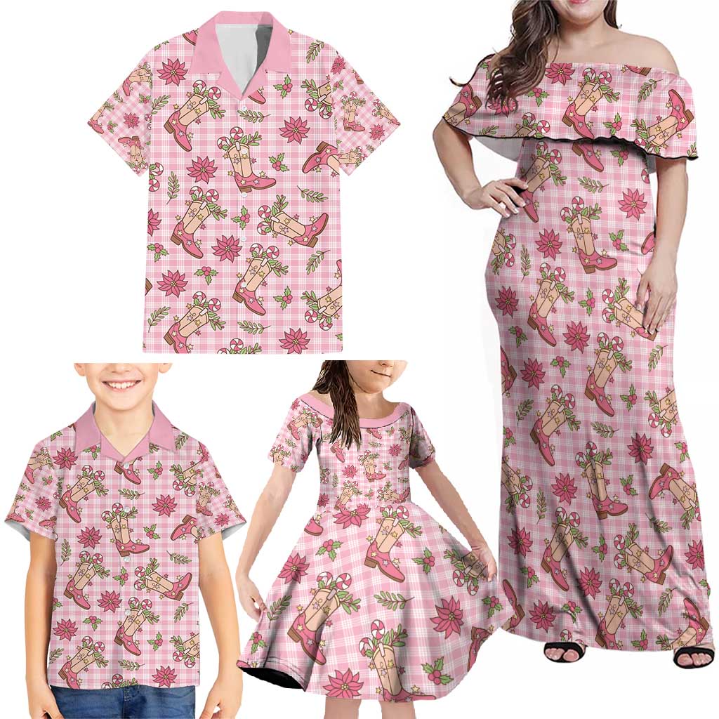 Pink Paniolo Palaka Hawaiian Cowgirl Christmas Family Matching Off Shoulder Maxi Dress and Hawaiian Shirt - Polynesian Pride