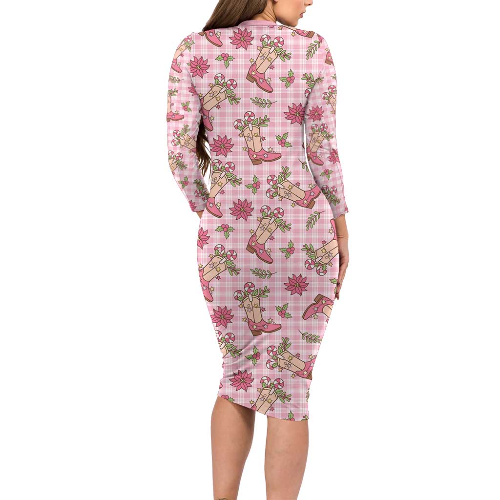 Pink Paniolo Palaka Hawaiian Cowgirl Christmas Long Sleeve Bodycon Dress - Polynesian Pride