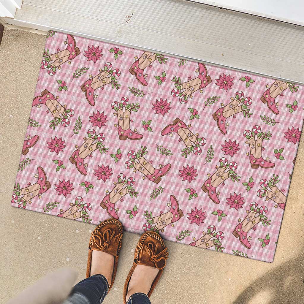 Pink Paniolo Palaka Hawaiian Cowgirl Christmas Rubber Doormat - Polynesian Pride