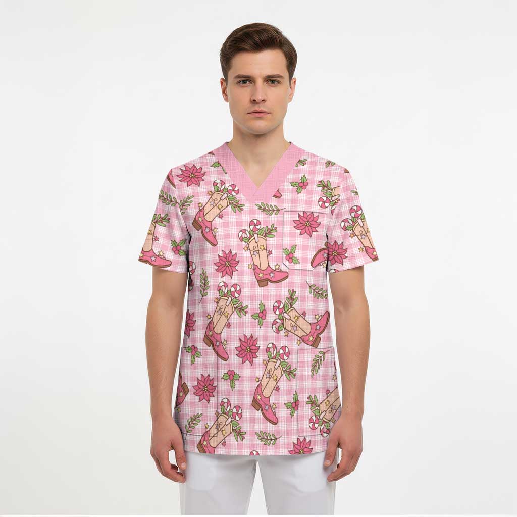 Pink Paniolo Palaka Hawaiian Cowgirl Christmas Scrub Top - Polynesian Pride