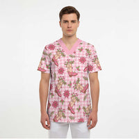 Pink Paniolo Palaka Hawaiian Cowgirl Christmas Scrub Top - Polynesian Pride