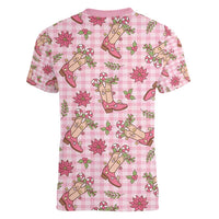 Pink Paniolo Palaka Hawaiian Cowgirl Christmas Women V-Neck T-Shirt - Polynesian Pride