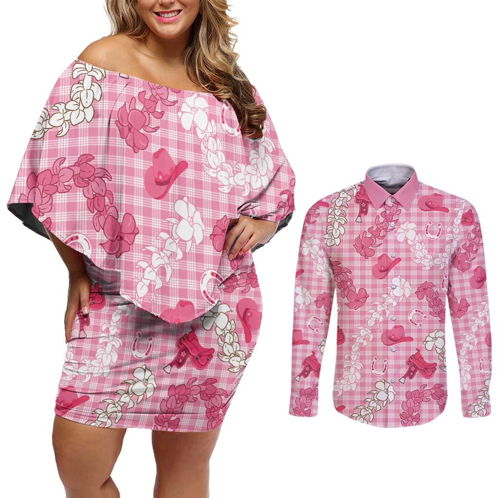 Paniolo Palaka Hawaiian Cowgirl Couples Matching Off Shoulder Short Dress and Long Sleeve Button Shirt - Polynesian Pride