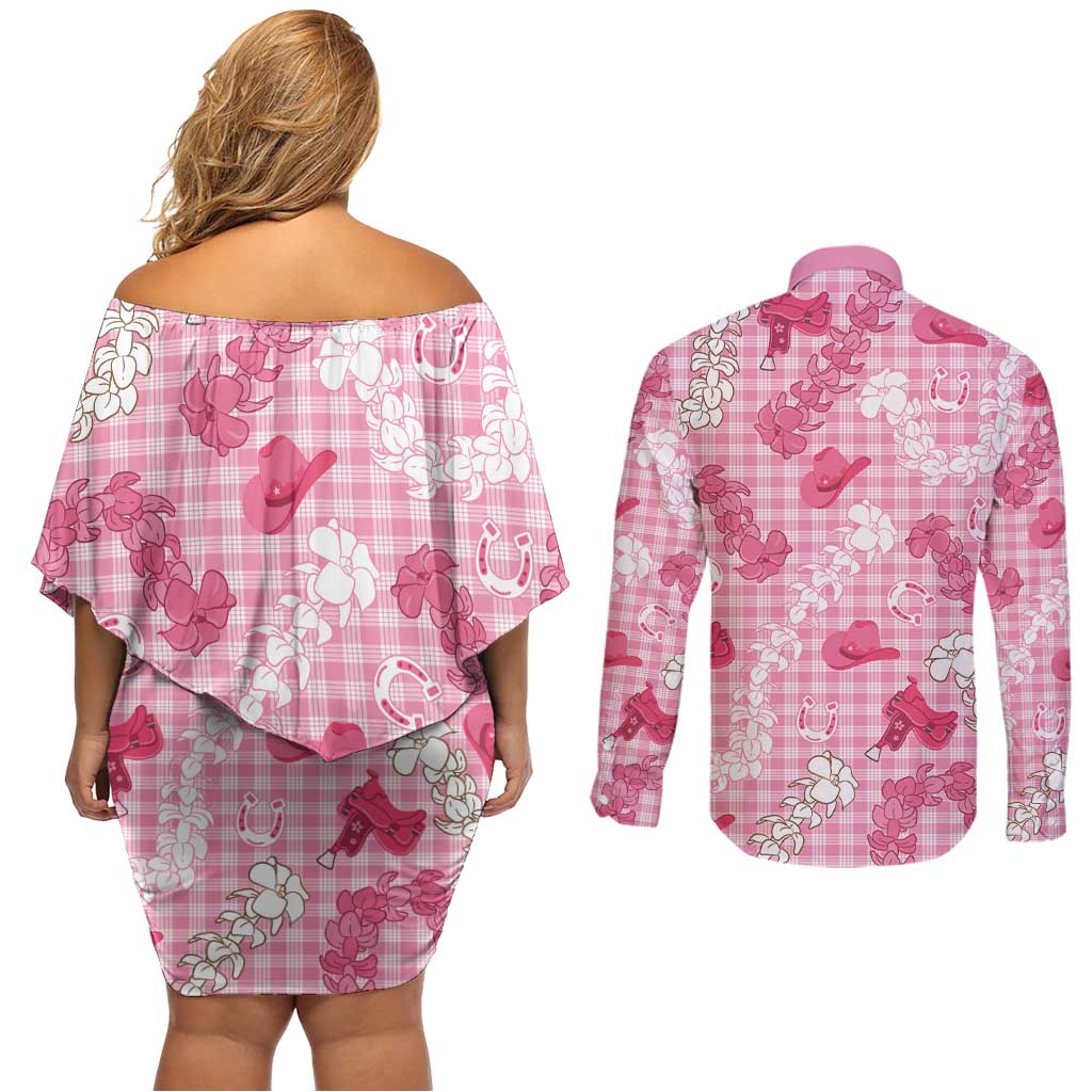 Paniolo Palaka Hawaiian Cowgirl Couples Matching Off Shoulder Short Dress and Long Sleeve Button Shirt - Polynesian Pride