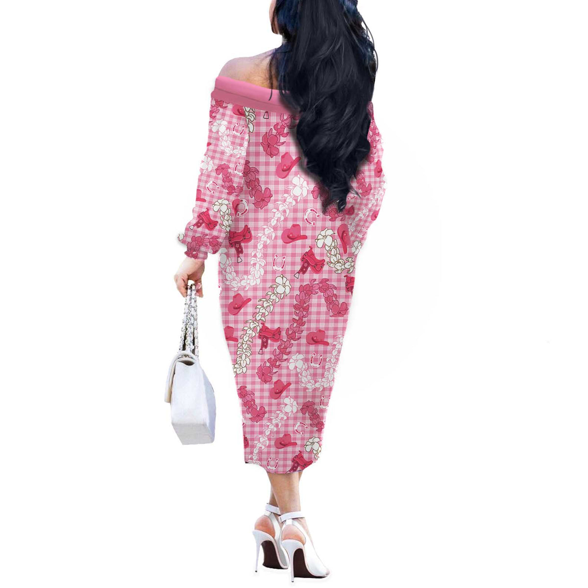 Paniolo Palaka Hawaiian Cowgirl Off The Shoulder Long Sleeve Dress - Polynesian Pride