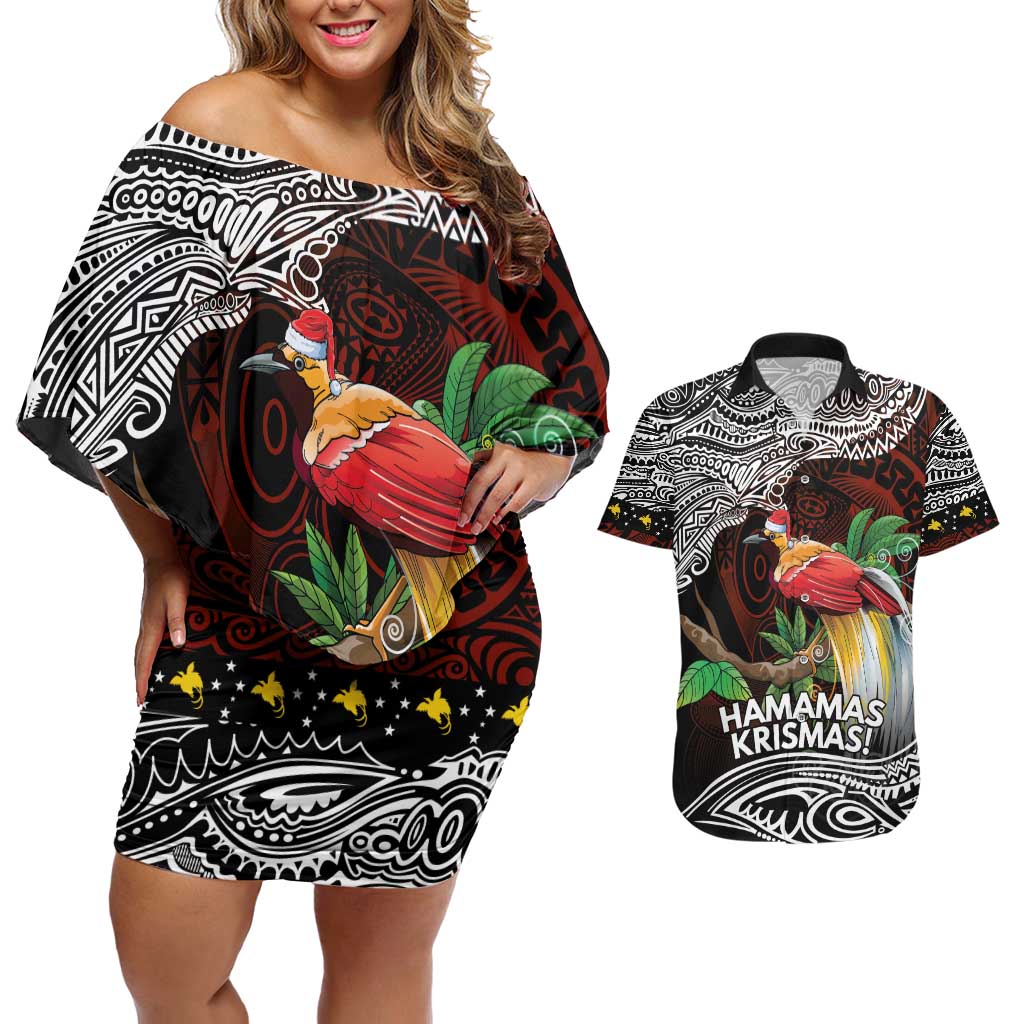 Papua New Guinea Christmas Couples Matching Off Shoulder Short Dress and Hawaiian Shirt - Polynesian Pride