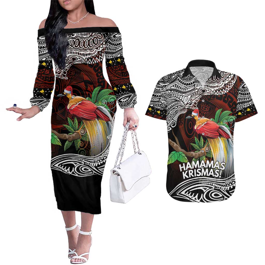 Papua New Guinea Christmas Couples Matching Off The Shoulder Long Sleeve Dress and Hawaiian Shirt - Polynesian Pride