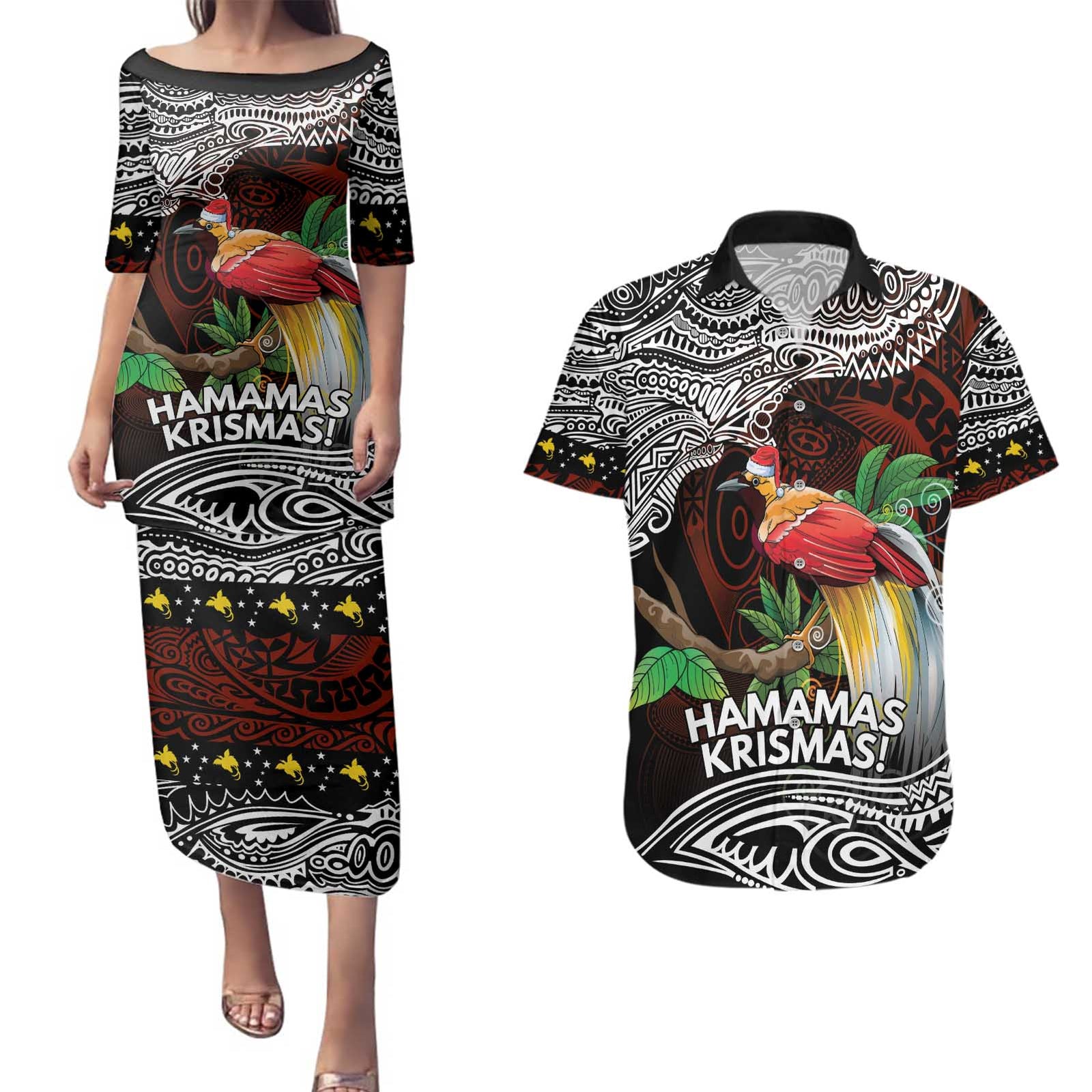 Papua New Guinea Christmas Couples Matching Puletasi and Hawaiian Shirt - Polynesian Pride