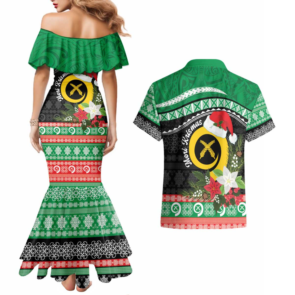Vanuatu Pig's Tusk Meri Krismas! Couples Matching Mermaid Dress and Hawaiian Shirt Vanuatuan Sand Drawing Pattern - Polynesian Pride
