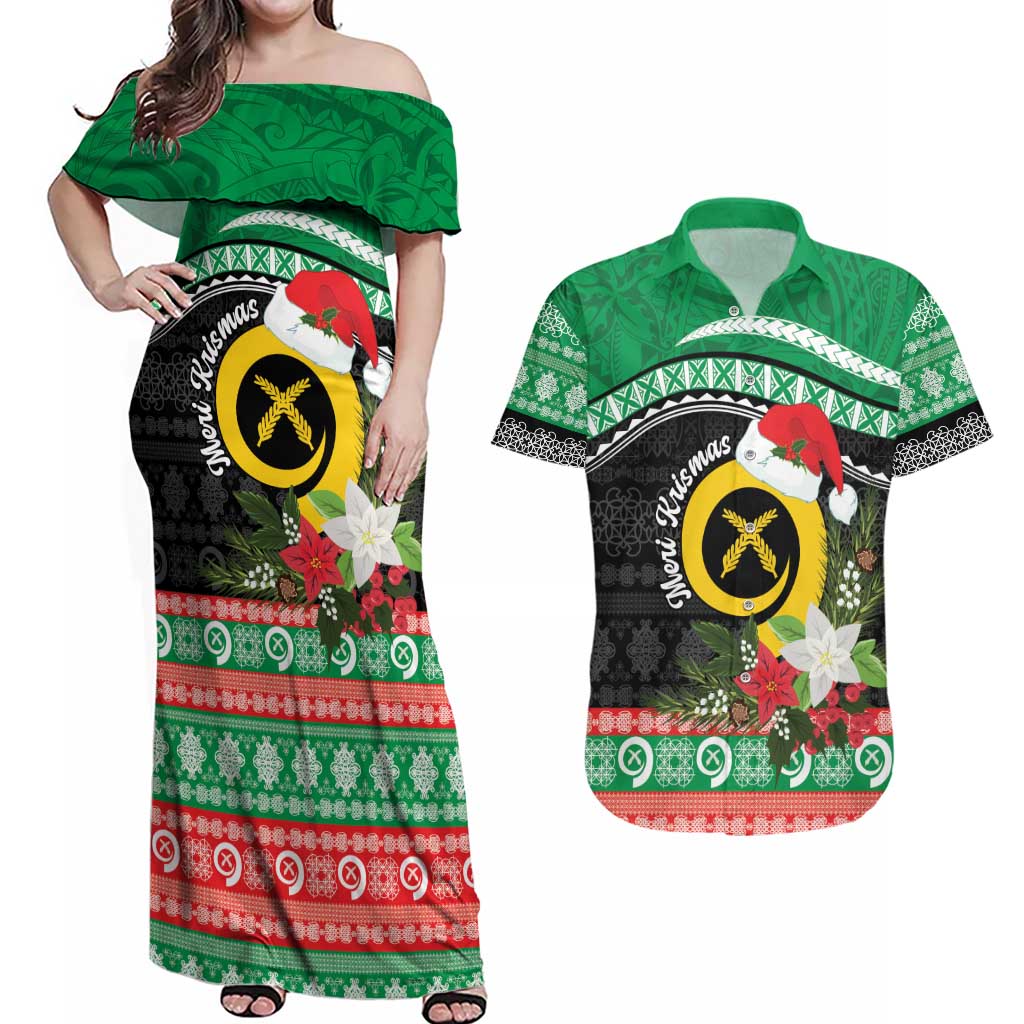 Vanuatu Pig's Tusk Meri Krismas! Couples Matching Off Shoulder Maxi Dress and Hawaiian Shirt Vanuatuan Sand Drawing Pattern - Polynesian Pride