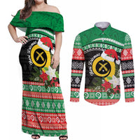 Vanuatu Pig's Tusk Meri Krismas! Couples Matching Off Shoulder Maxi Dress and Long Sleeve Button Shirt Vanuatuan Sand Drawing Pattern - Polynesian Pride