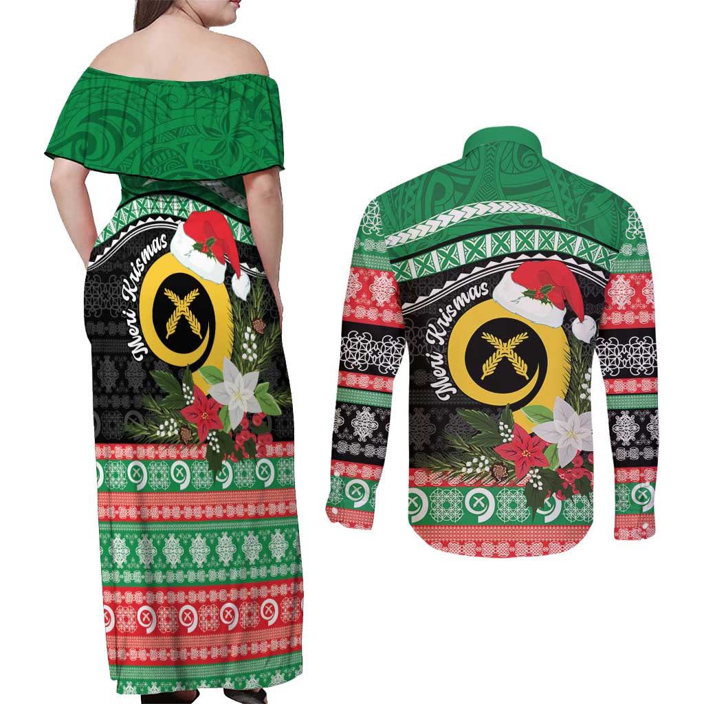 Vanuatu Pig's Tusk Meri Krismas! Couples Matching Off Shoulder Maxi Dress and Long Sleeve Button Shirt Vanuatuan Sand Drawing Pattern - Polynesian Pride