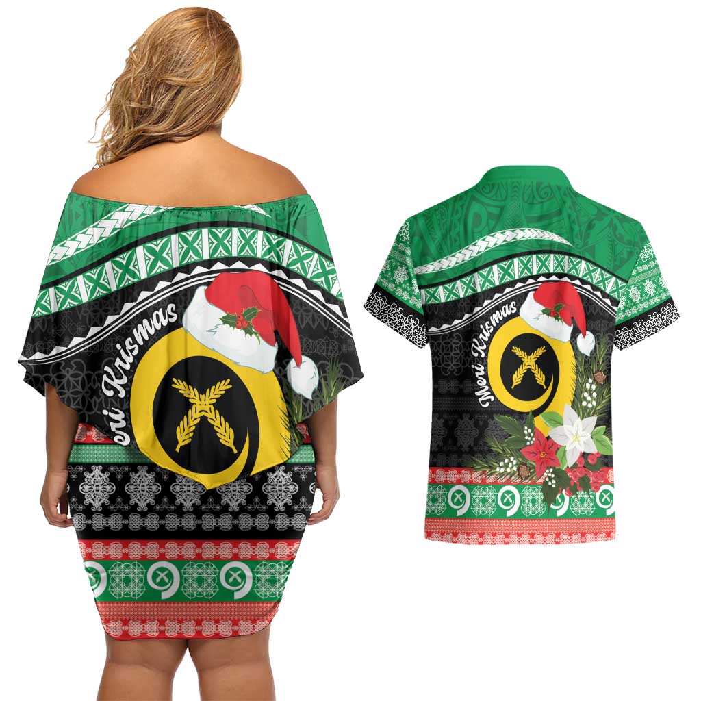 Vanuatu Pig's Tusk Meri Krismas! Couples Matching Off Shoulder Short Dress and Hawaiian Shirt Vanuatuan Sand Drawing Pattern - Polynesian Pride