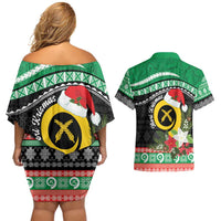 Vanuatu Pig's Tusk Meri Krismas! Couples Matching Off Shoulder Short Dress and Hawaiian Shirt Vanuatuan Sand Drawing Pattern - Polynesian Pride