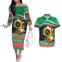 Vanuatu Pig's Tusk Meri Krismas! Couples Matching Off The Shoulder Long Sleeve Dress and Hawaiian Shirt Vanuatuan Sand Drawing Pattern - Polynesian Pride
