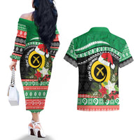 Vanuatu Pig's Tusk Meri Krismas! Couples Matching Off The Shoulder Long Sleeve Dress and Hawaiian Shirt Vanuatuan Sand Drawing Pattern - Polynesian Pride