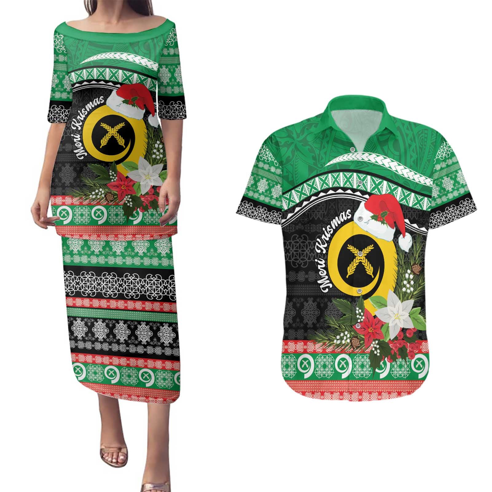 Vanuatu Pig's Tusk Meri Krismas! Couples Matching Puletasi and Hawaiian Shirt Vanuatuan Sand Drawing Pattern - Polynesian Pride