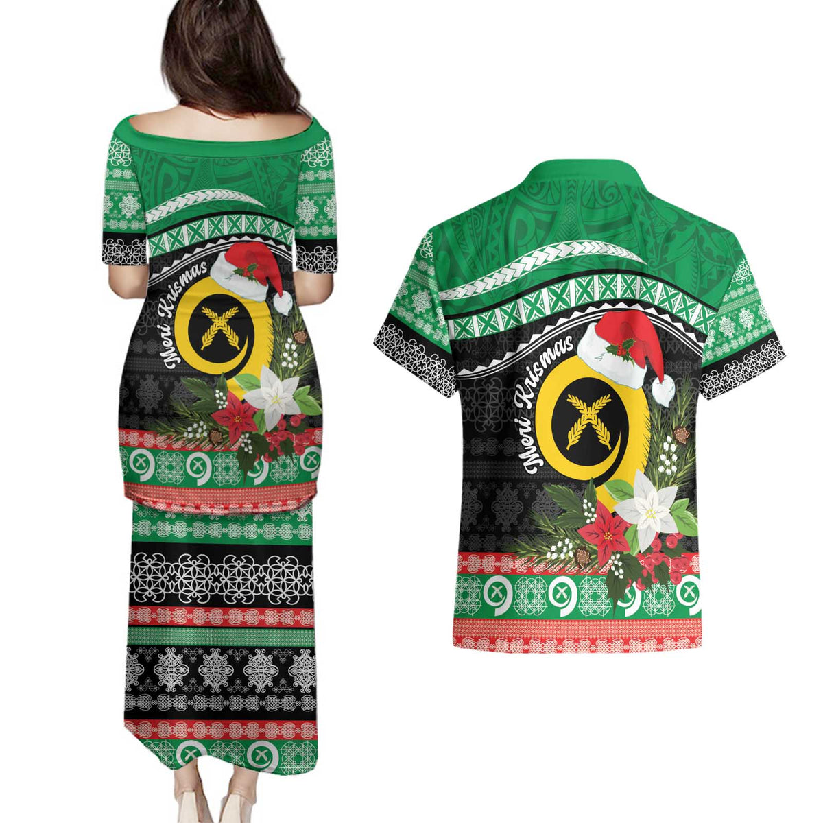 Vanuatu Pig's Tusk Meri Krismas! Couples Matching Puletasi and Hawaiian Shirt Vanuatuan Sand Drawing Pattern - Polynesian Pride