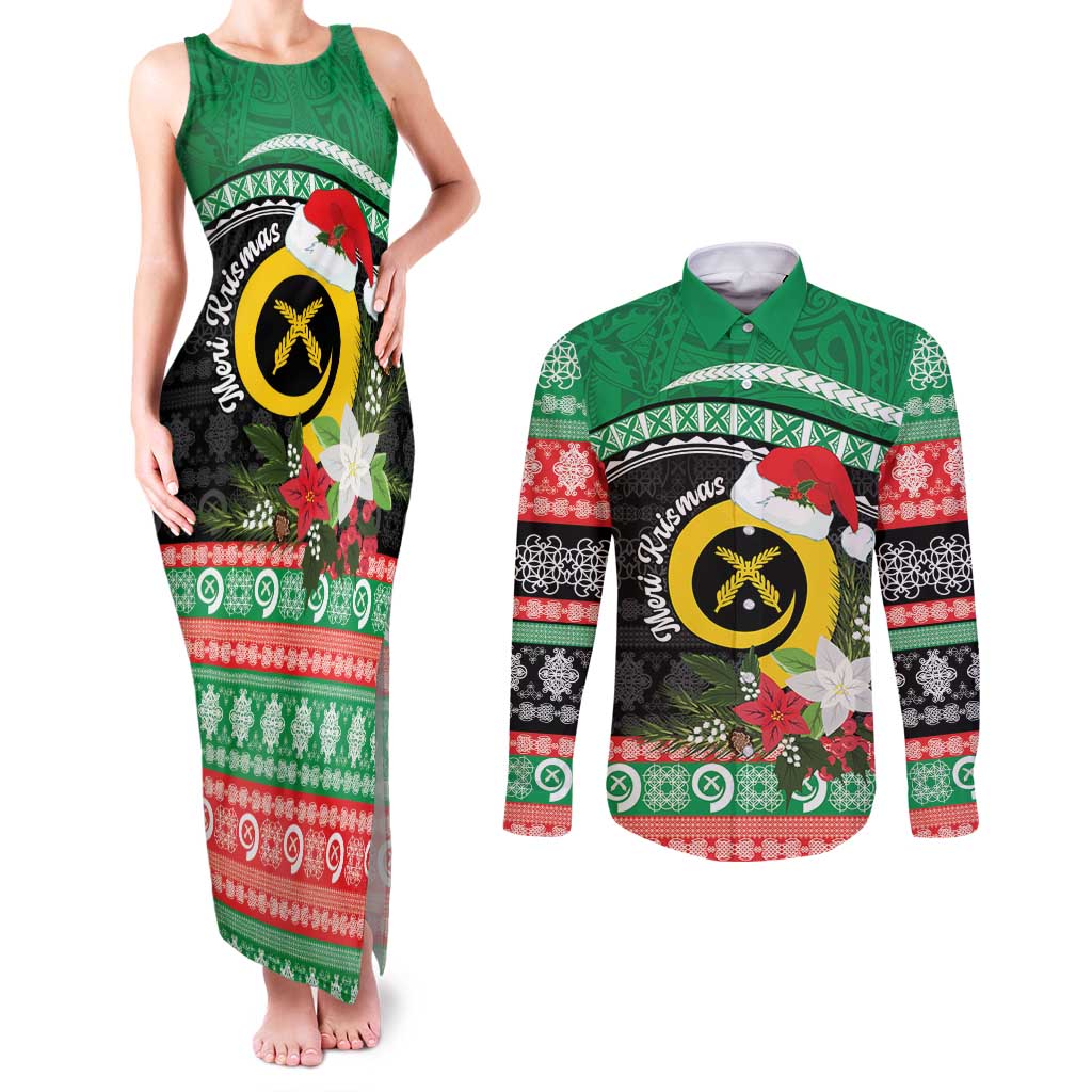 Vanuatu Pig's Tusk Meri Krismas! Couples Matching Tank Maxi Dress and Long Sleeve Button Shirt Vanuatuan Sand Drawing Pattern - Polynesian Pride